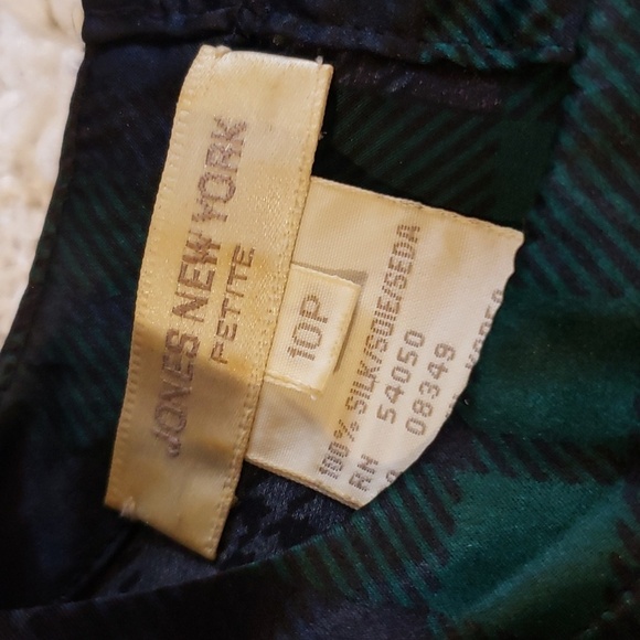 Vintage 90s jones new york 100% silk long sleeve blouse tartan green/navy/black - Picture 6 of 8